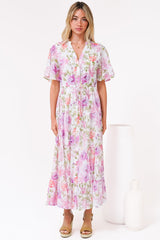 Vesna Midi Dress - Mandarin Collared Flutter Sleeve Shirt Dress with Waist Tie in Honora Print