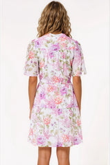 Vesna Mini Dress - Mandarin Collared Flutter Sleeve Shirt Dress with Waist Tie in Honora Print