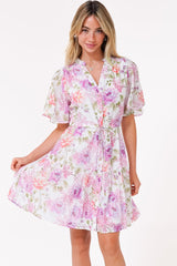 Vesna Mini Dress - Mandarin Collared Flutter Sleeve Shirt Dress with Waist Tie in Honora Print