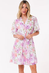 Vesna Mini Dress - Mandarin Collared Flutter Sleeve Shirt Dress with Waist Tie in Honora Print