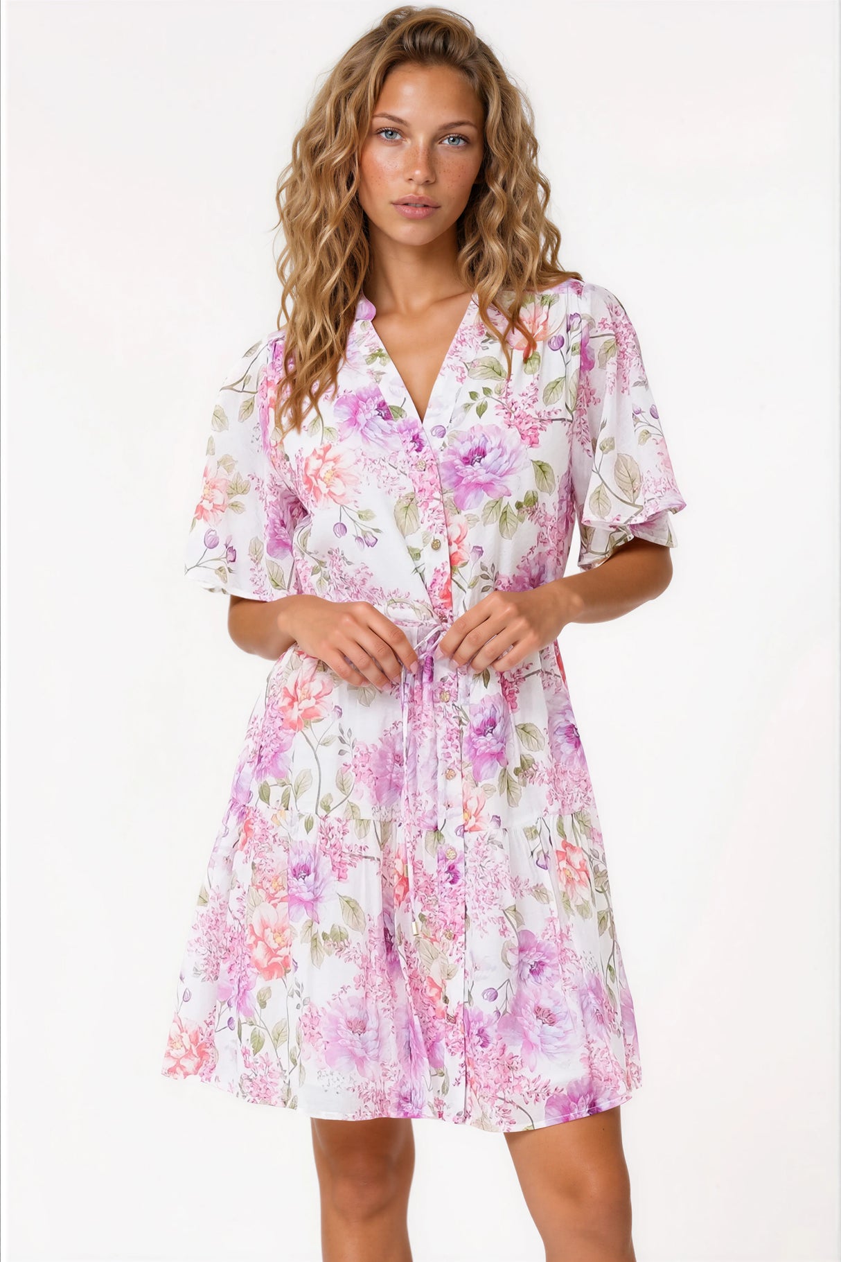 Vesna Mini Dress - Mandarin Collared Flutter Sleeve Shirt Dress with Waist Tie in Honora Print