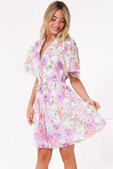 Vesna Mini Dress - Mandarin Collared Flutter Sleeve Shirt Dress with Waist Tie in Honora Print