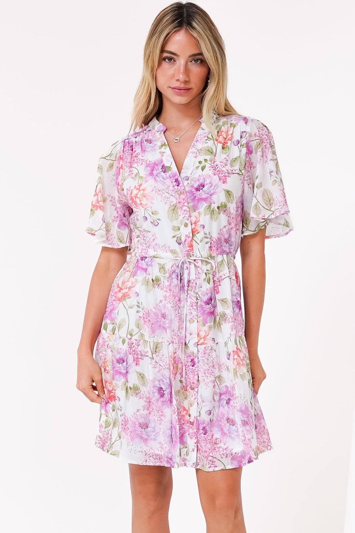 Vesna Mini Dress - Mandarin Collared Flutter Sleeve Shirt Dress with Waist Tie in Honora Print