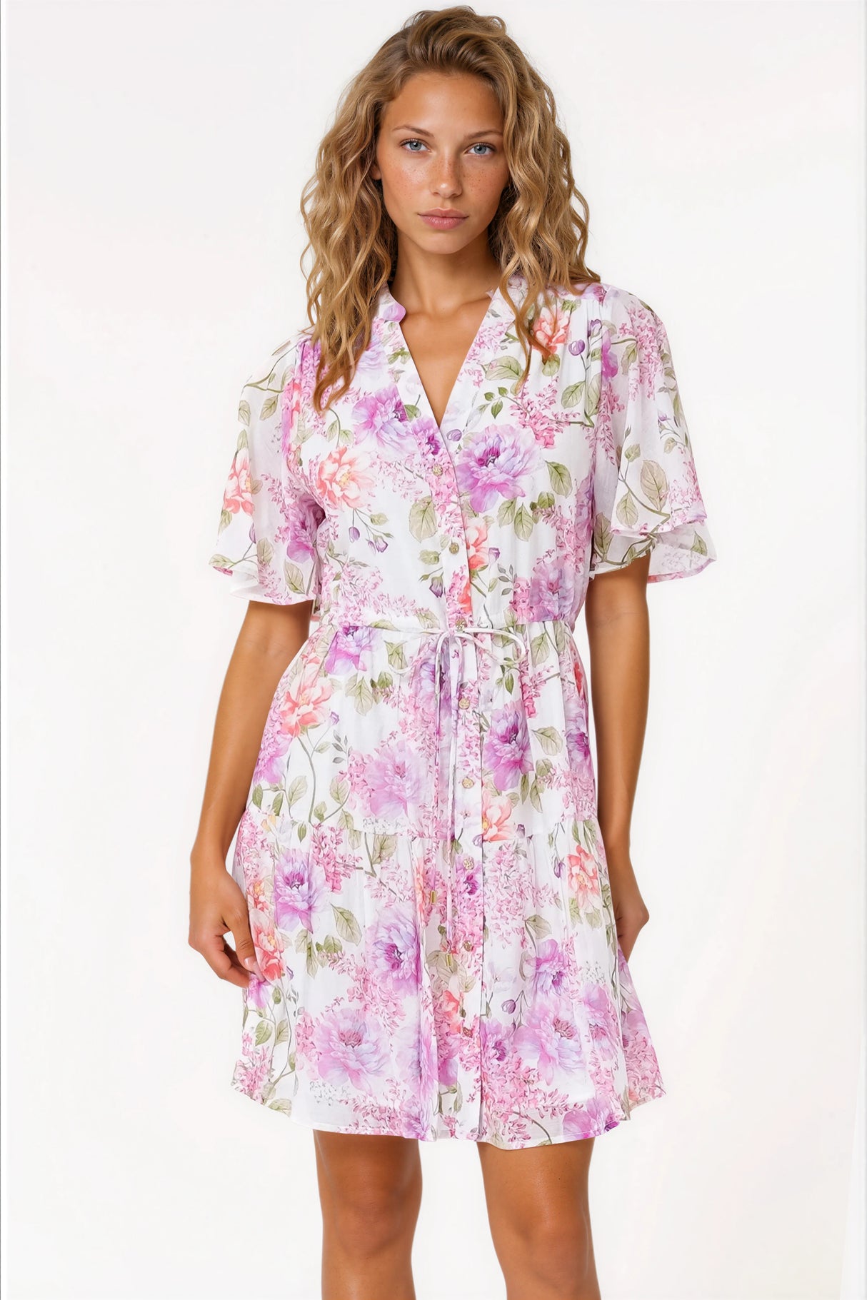 Vesna Mini Dress - Mandarin Collared Flutter Sleeve Shirt Dress with Waist Tie in Honora Print