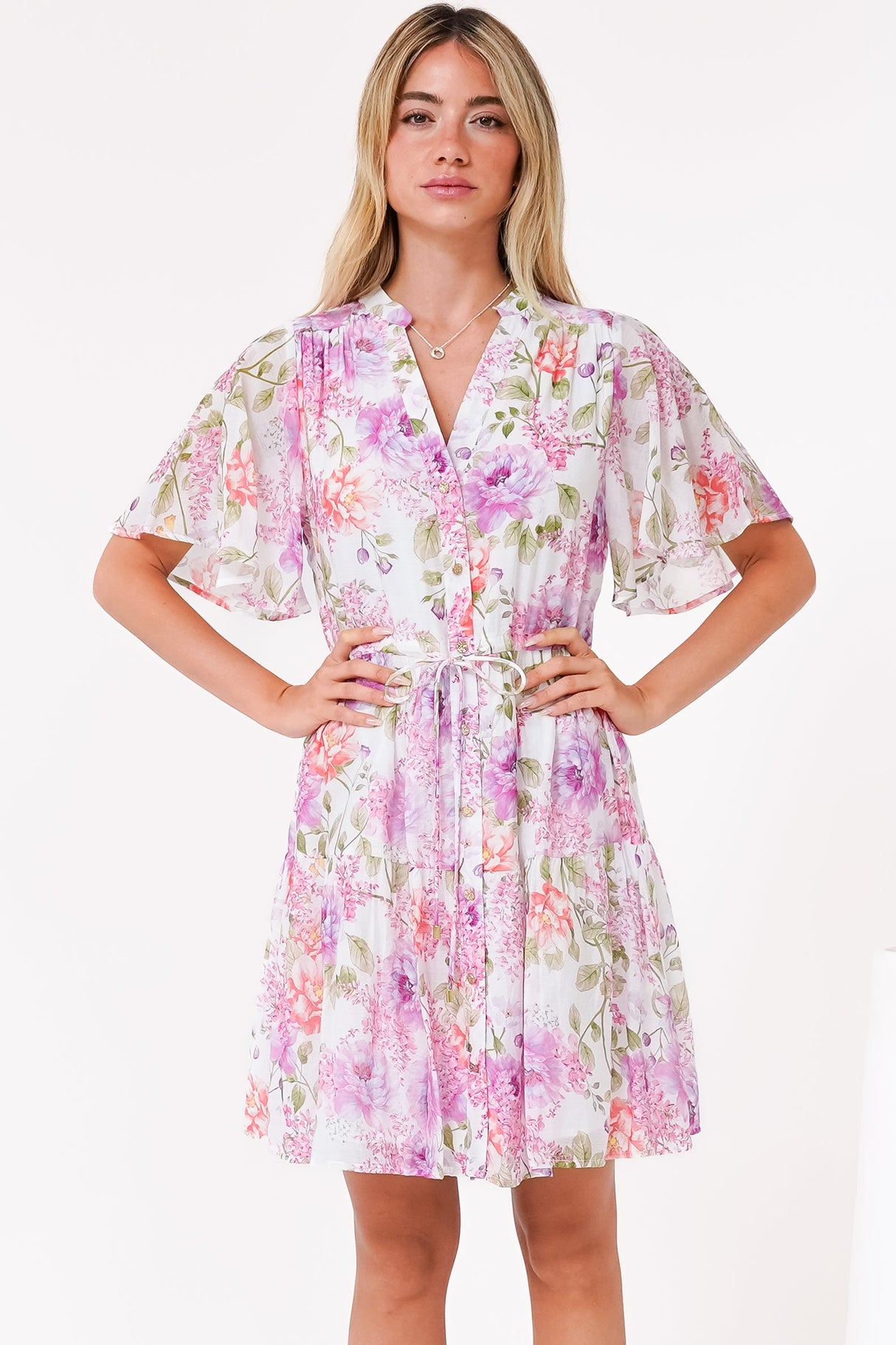 Vesna Mini Dress - Mandarin Collared Flutter Sleeve Shirt Dress with Waist Tie in Honora Print