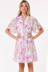 Vesna Mini Dress - Mandarin Collared Flutter Sleeve Shirt Dress with Waist Tie in Honora Print