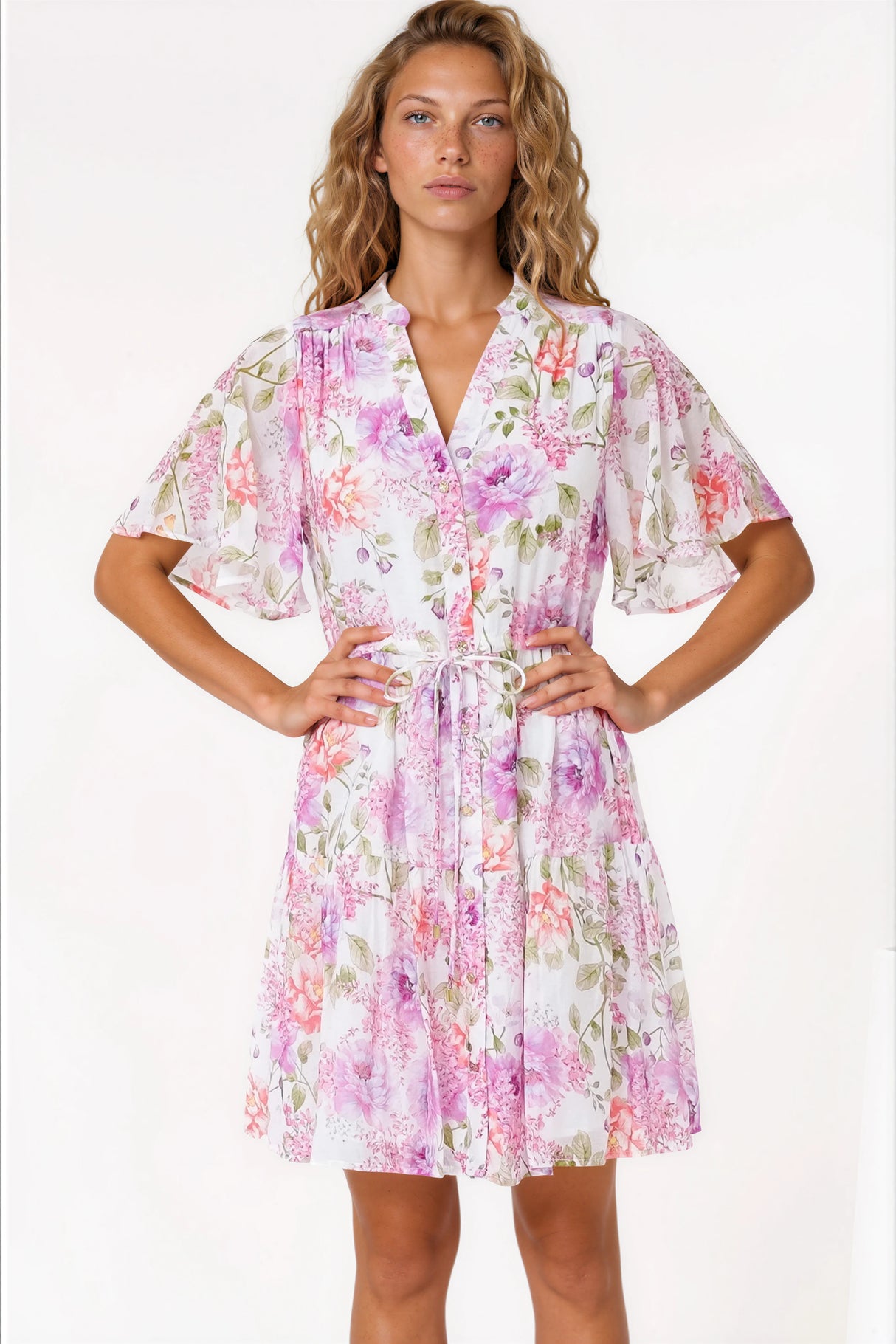 Vesna Mini Dress - Mandarin Collared Flutter Sleeve Shirt Dress with Waist Tie in Honora Print