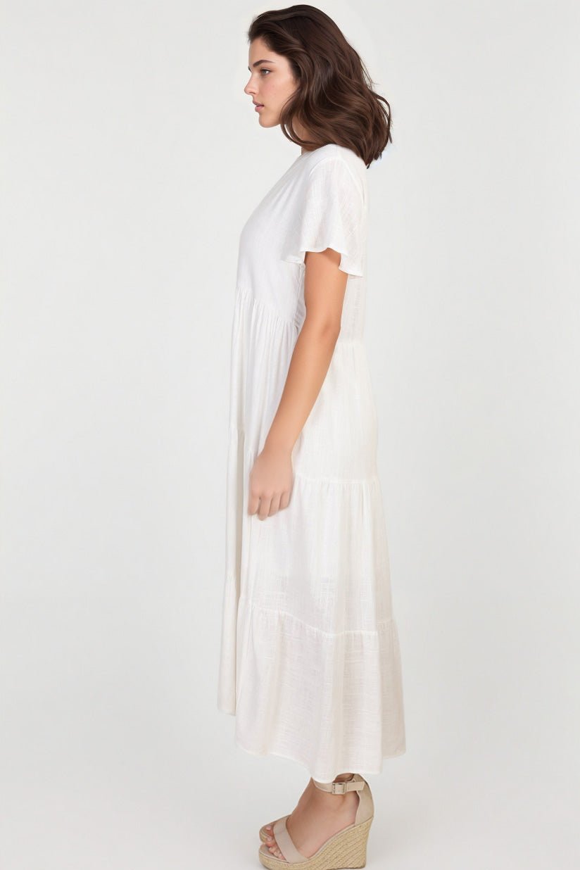 Milla Midi Dress - Tiered Cap Sleeve Button Down Linen Dress in White