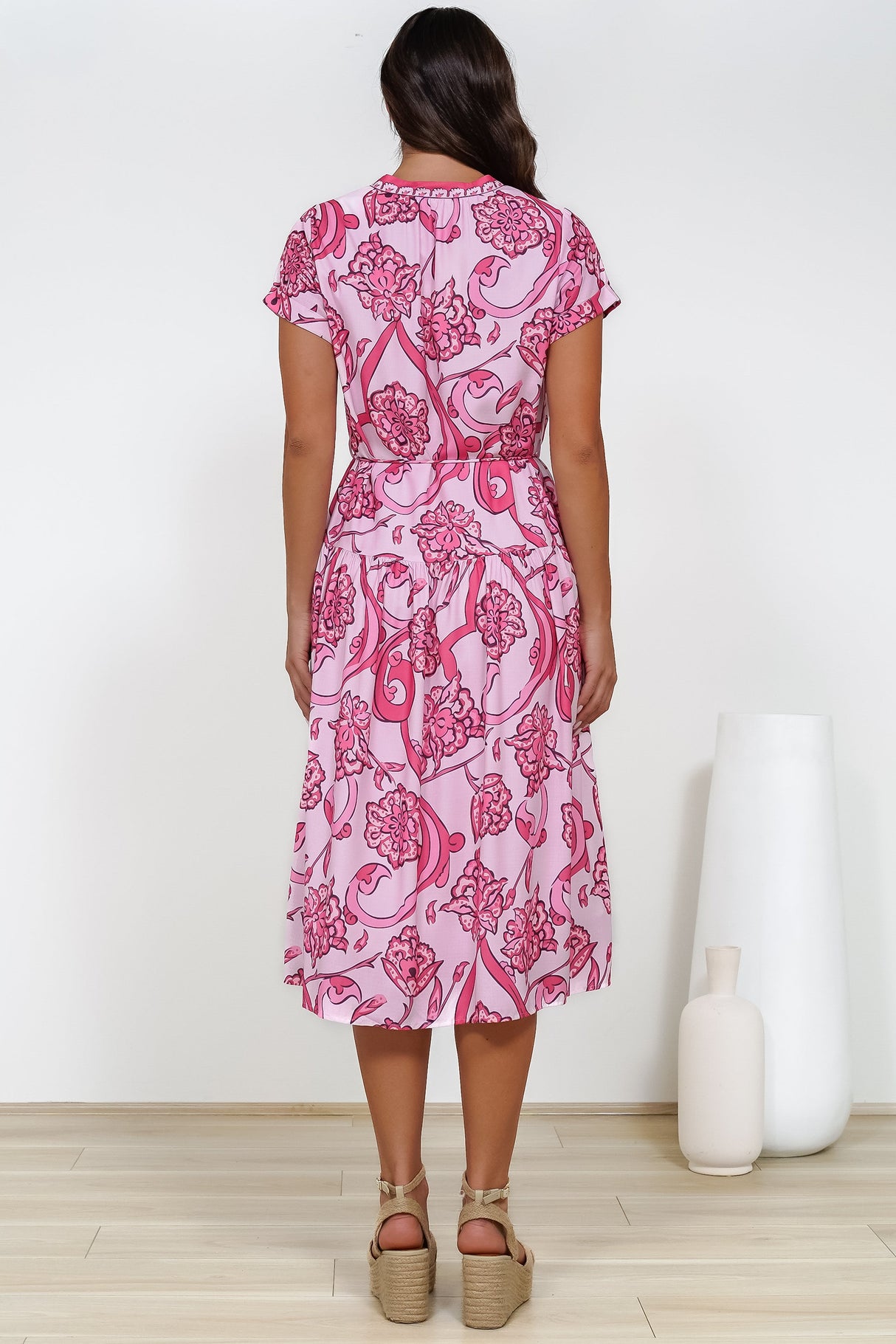 Vianne Midi Dress - Mandarin Collar Shirt Dress with String Belt in Rozana Print