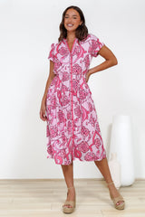 Vianne Midi Dress - Mandarin Collar Shirt Dress with String Belt in Rozana Print