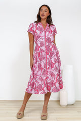 Vianne Midi Dress - Mandarin Collar Shirt Dress with String Belt in Rozana Print