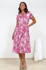 Vianne Midi Dress - Mandarin Collar Shirt Dress with String Belt in Rozana Print