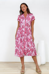 Vianne Midi Dress - Mandarin Collar Shirt Dress with String Belt in Rozana Print