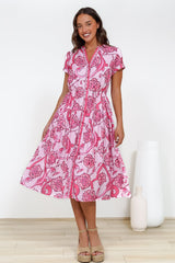 Vianne Midi Dress - Mandarin Collar Shirt Dress with String Belt in Rozana Print