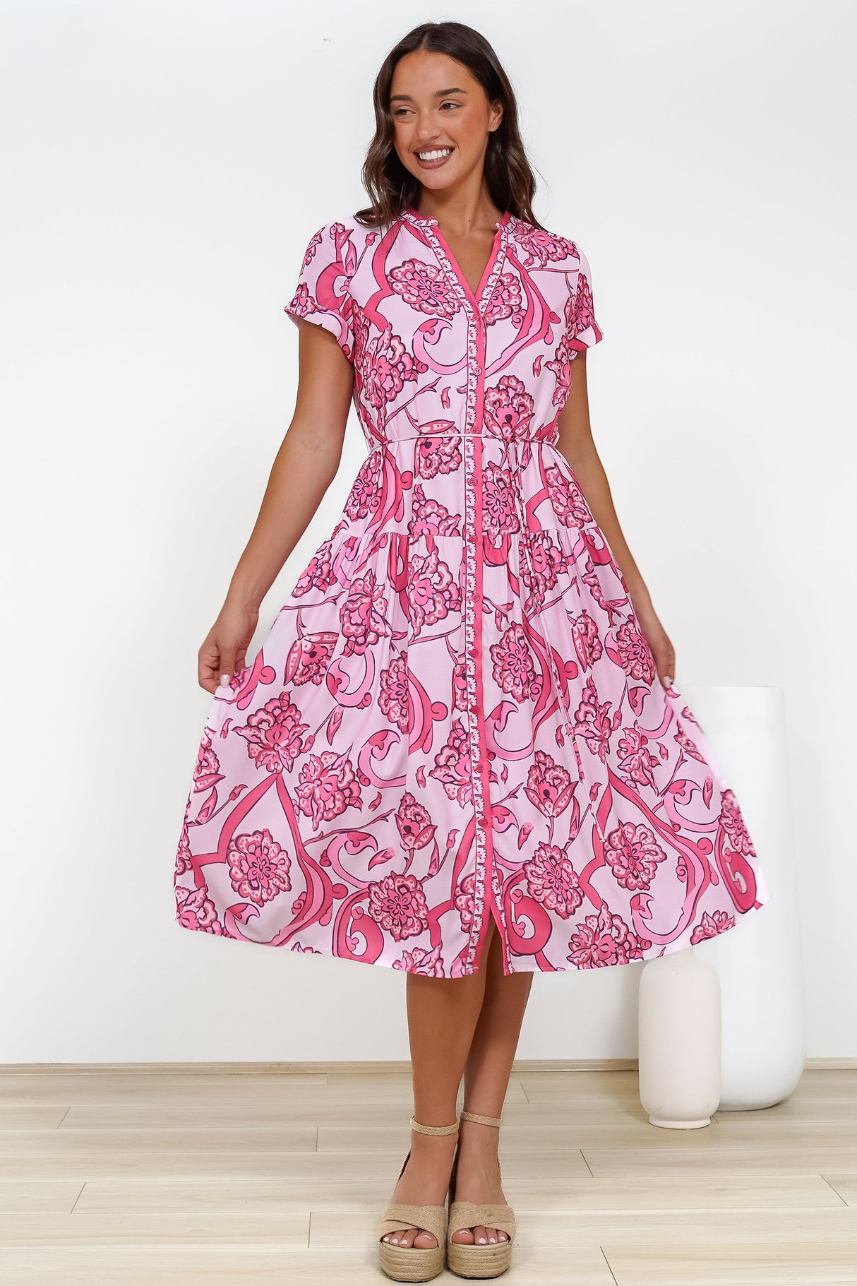 Vianne Midi Dress - Mandarin Collar Shirt Dress with String Belt in Rozana Print