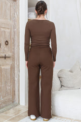 Victoria Pants - High Waisted Sports Stripe Wide Leg Pants in Chocolate