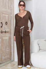 Victoria Pants - High Waisted Sports Stripe Wide Leg Pants in Chocolate