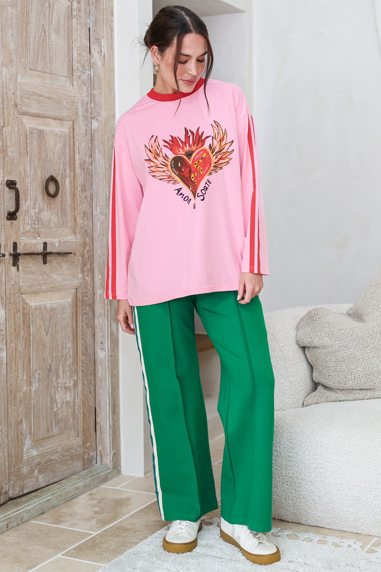 Victoria Pants - High Waisted Sports Stripe Wide Leg Pants in Green