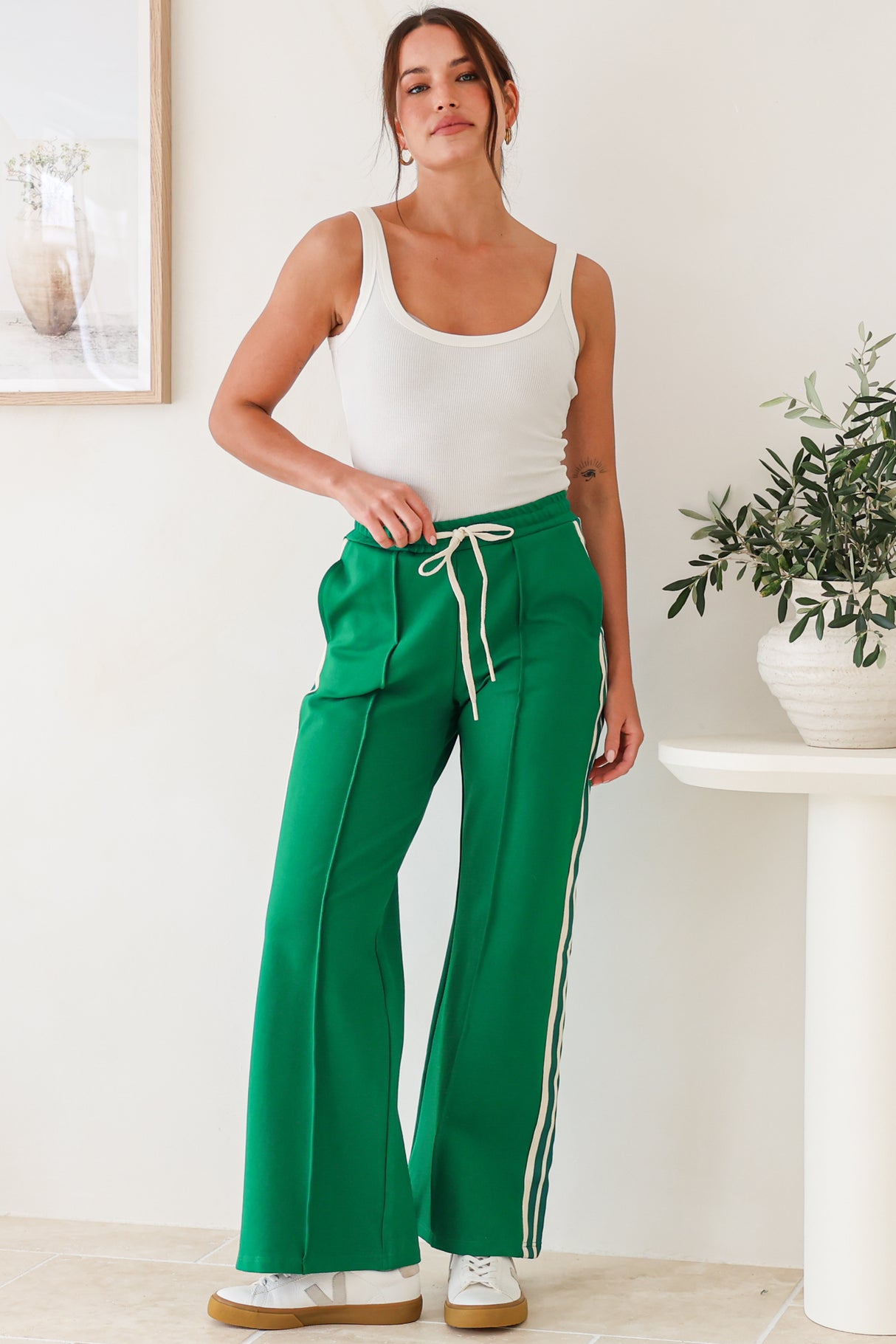 Victoria Pants - High Waisted Sports Stripe Wide Leg Pants in Green