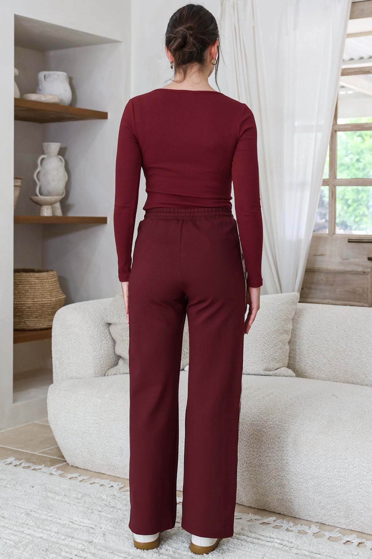 Victoria Pants - High Waisted Sports Heart Stripe Wide Leg Pants in Merlot