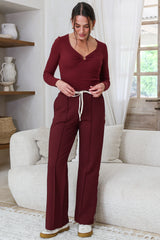 Victoria Pants - High Waisted Sports Heart Stripe Wide Leg Pants in Merlot