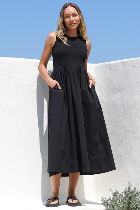 Vikki Midi Dress - Jersey Bodice Sleeveless A-Line Dress in Black