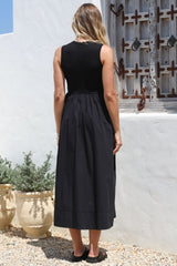 Vikki Midi Dress - Jersey Bodice Sleeveless A-Line Dress in Black