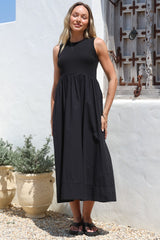 Vikki Midi Dress - Jersey Bodice Sleeveless A-Line Dress in Black