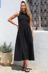 Vikki Midi Dress - Jersey Bodice Sleeveless A-Line Dress in Black