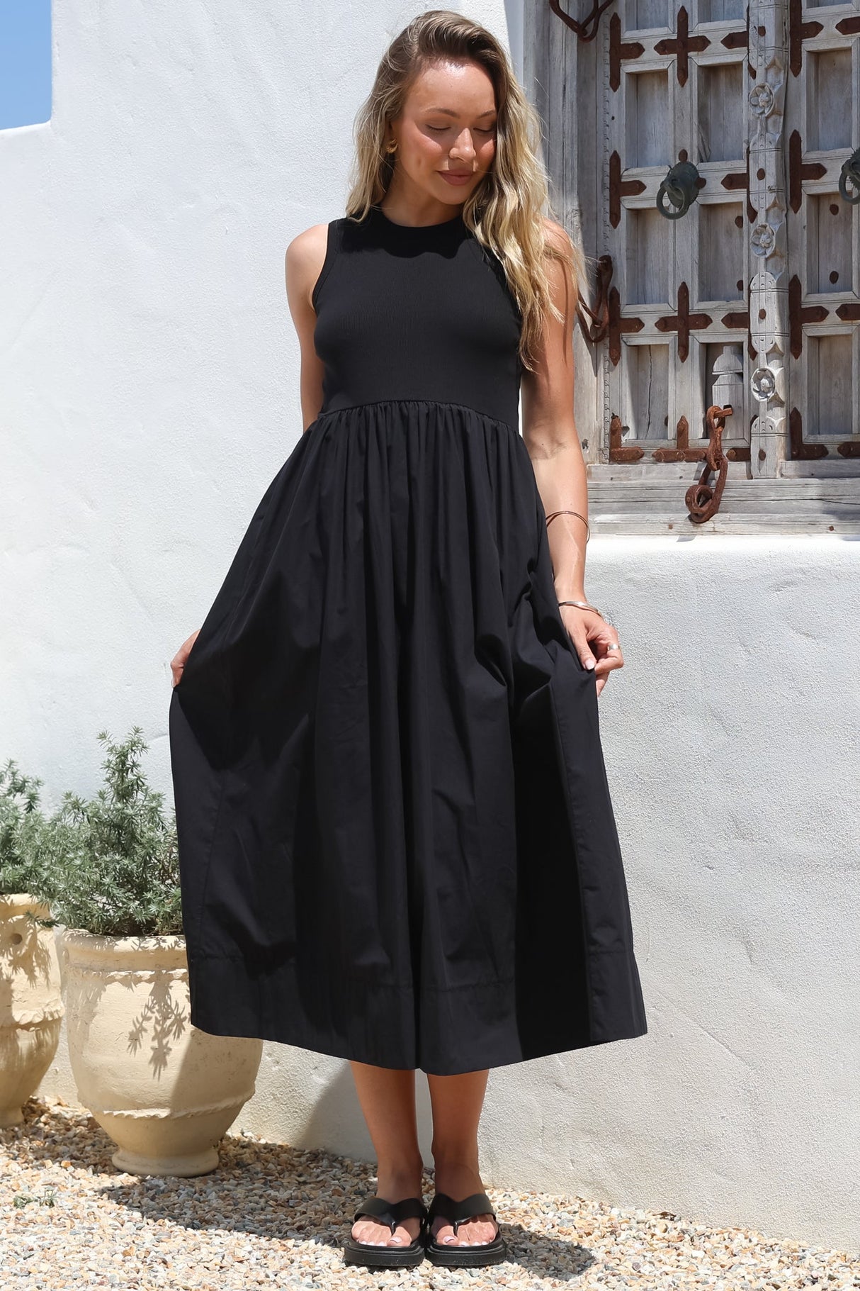 Vikki Midi Dress - Jersey Bodice Sleeveless A-Line Dress in Black
