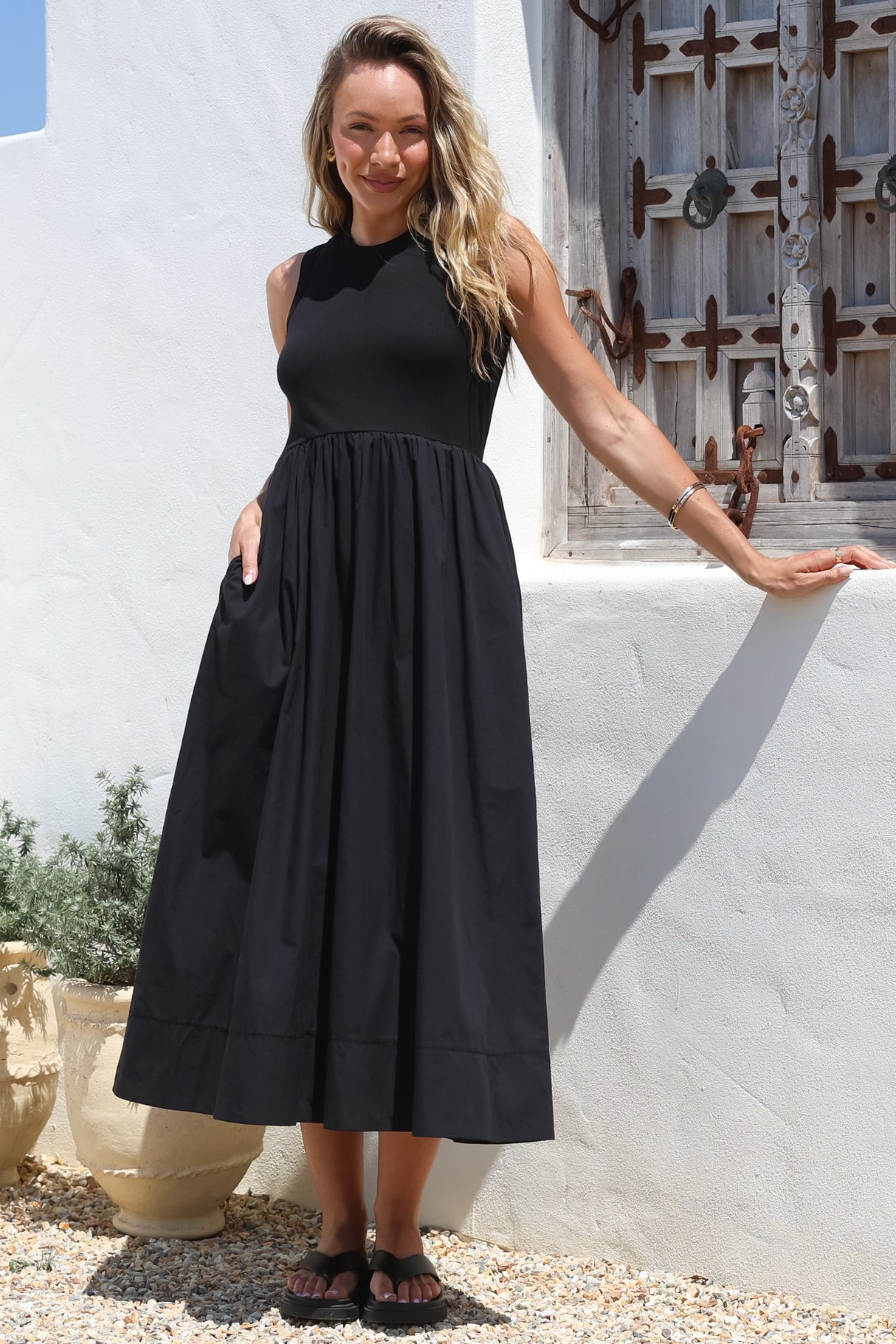 Vikki Midi Dress - Jersey Bodice Sleeveless A-Line Dress in Black