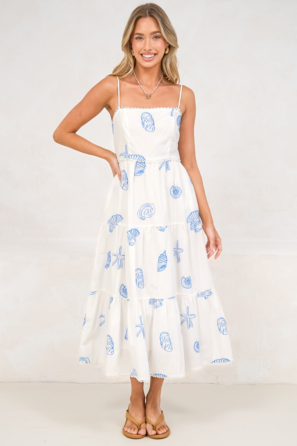 Viliana Midi Dress - Lace Trim Square Neck Tiered Sun Dress with Pockets in Opaline Print
