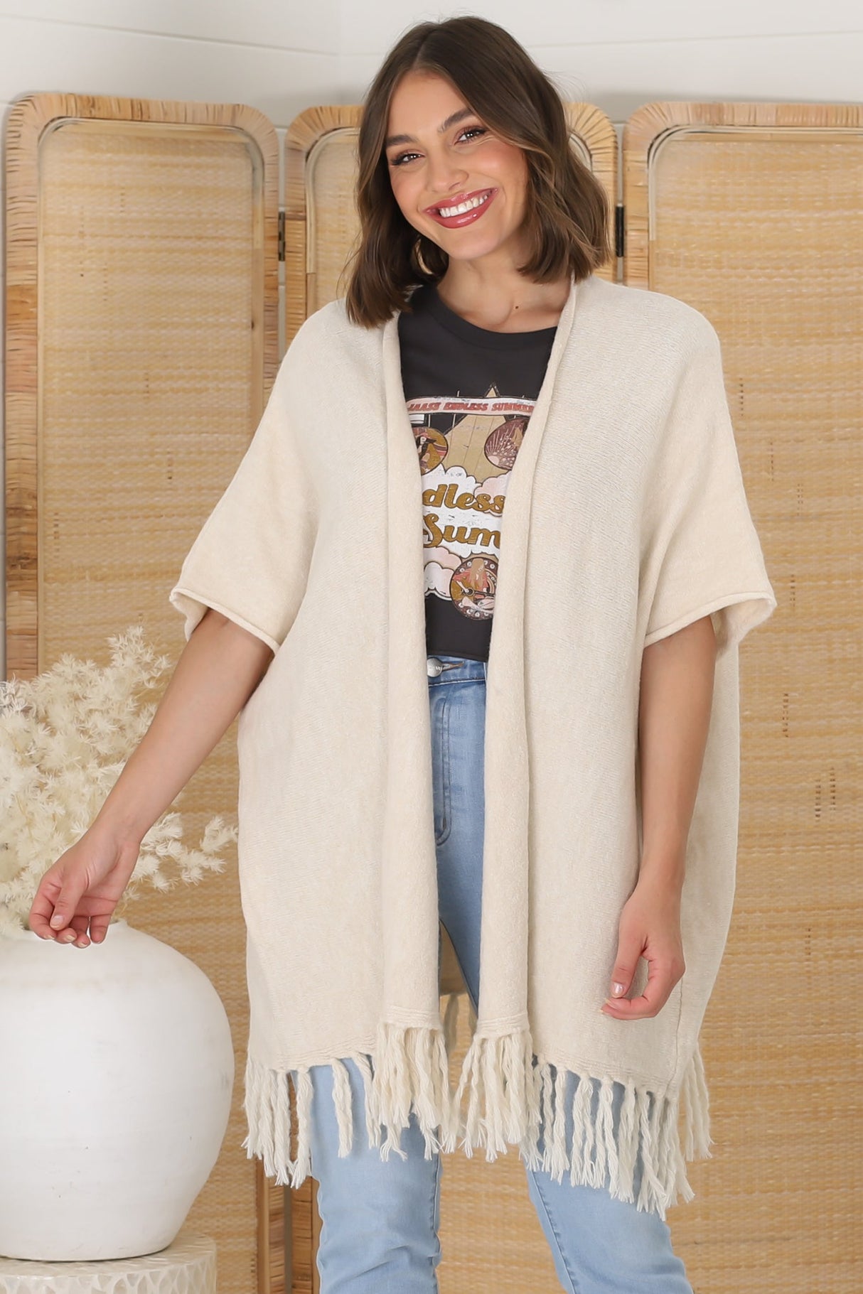 Villas Cardigan - Open Front Throw Over Cardigan in Cream