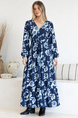 Villia Maxi Dress - V Neck Tiered Dress with Pull Tie Waist and Long Balloon Sleeves in Minka Print Navy