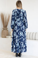 Villia Maxi Dress - V Neck Tiered Dress with Pull Tie Waist and Long Balloon Sleeves in Minka Print Navy