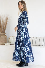Villia Maxi Dress - V Neck Tiered Dress with Pull Tie Waist and Long Balloon Sleeves in Minka Print Navy