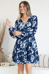 Villia Mini Dress - V Neck Buttoned Bodice Dress with Pull Tie Waist and Pockets in Minka Print Navy