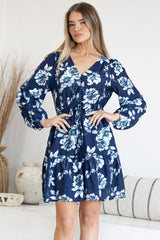 Villia Mini Dress - V Neck Buttoned Bodice Dress with Pull Tie Waist and Pockets in Minka Print Navy