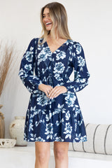Villia Mini Dress - V Neck Buttoned Bodice Dress with Pull Tie Waist and Pockets in Minka Print Navy