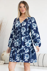 Villia Mini Dress - V Neck Buttoned Bodice Dress with Pull Tie Waist and Pockets in Minka Print Navy