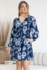Villia Mini Dress - V Neck Buttoned Bodice Dress with Pull Tie Waist and Pockets in Minka Print Navy