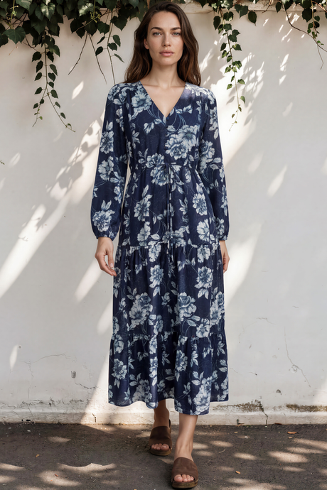 Model wearing Villia Maxi Dress in Minka Print Navy from Salty Crush