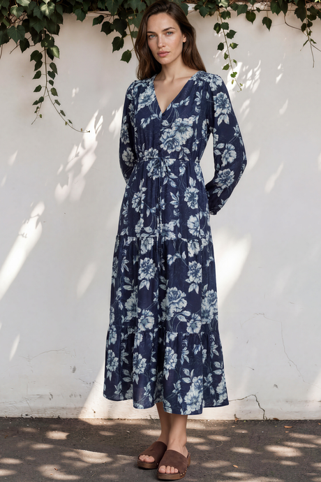 Villia Maxi Dress - V Neck Tiered Dress with Pull Tie Waist and Long Balloon Sleeves in Minka Print Navy