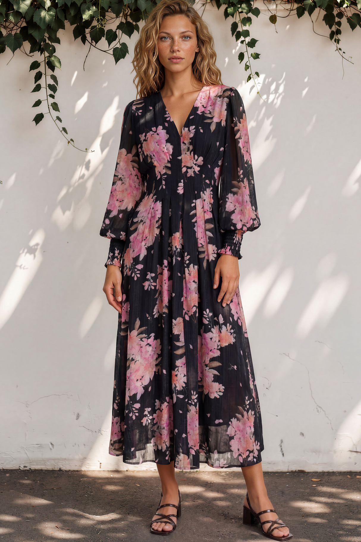 Woman wearing a floral dress standing against a white wall with greenery.