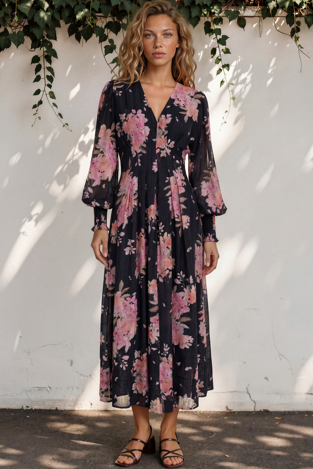 Woman wearing a floral dress standing against a white wall with greenery.