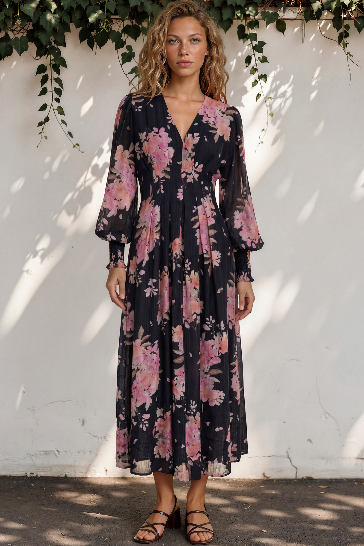 Woman wearing a floral dress standing against a white wall with greenery.