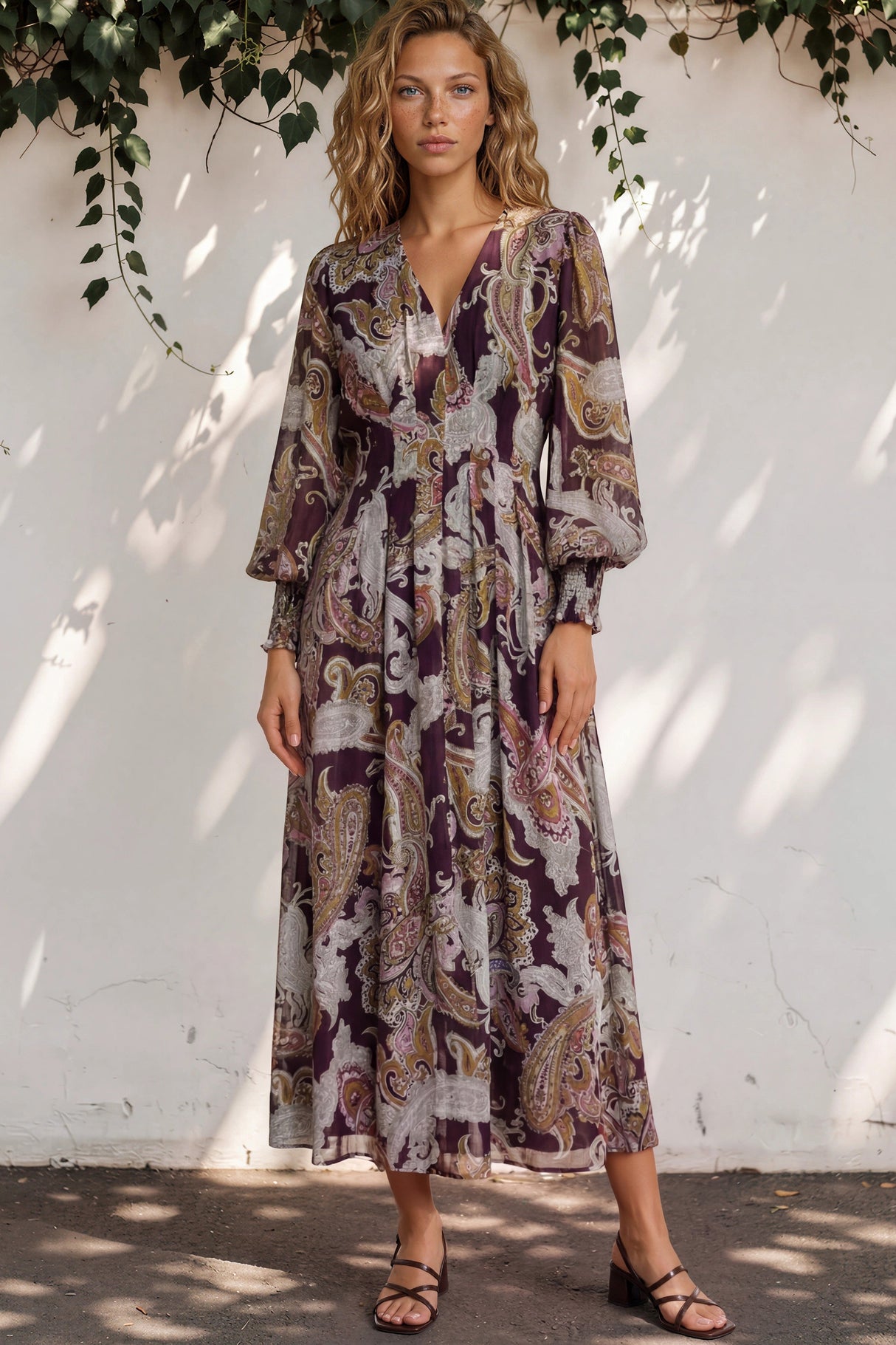 Woman wearing a patterned dress standing against a white wall with greenery.