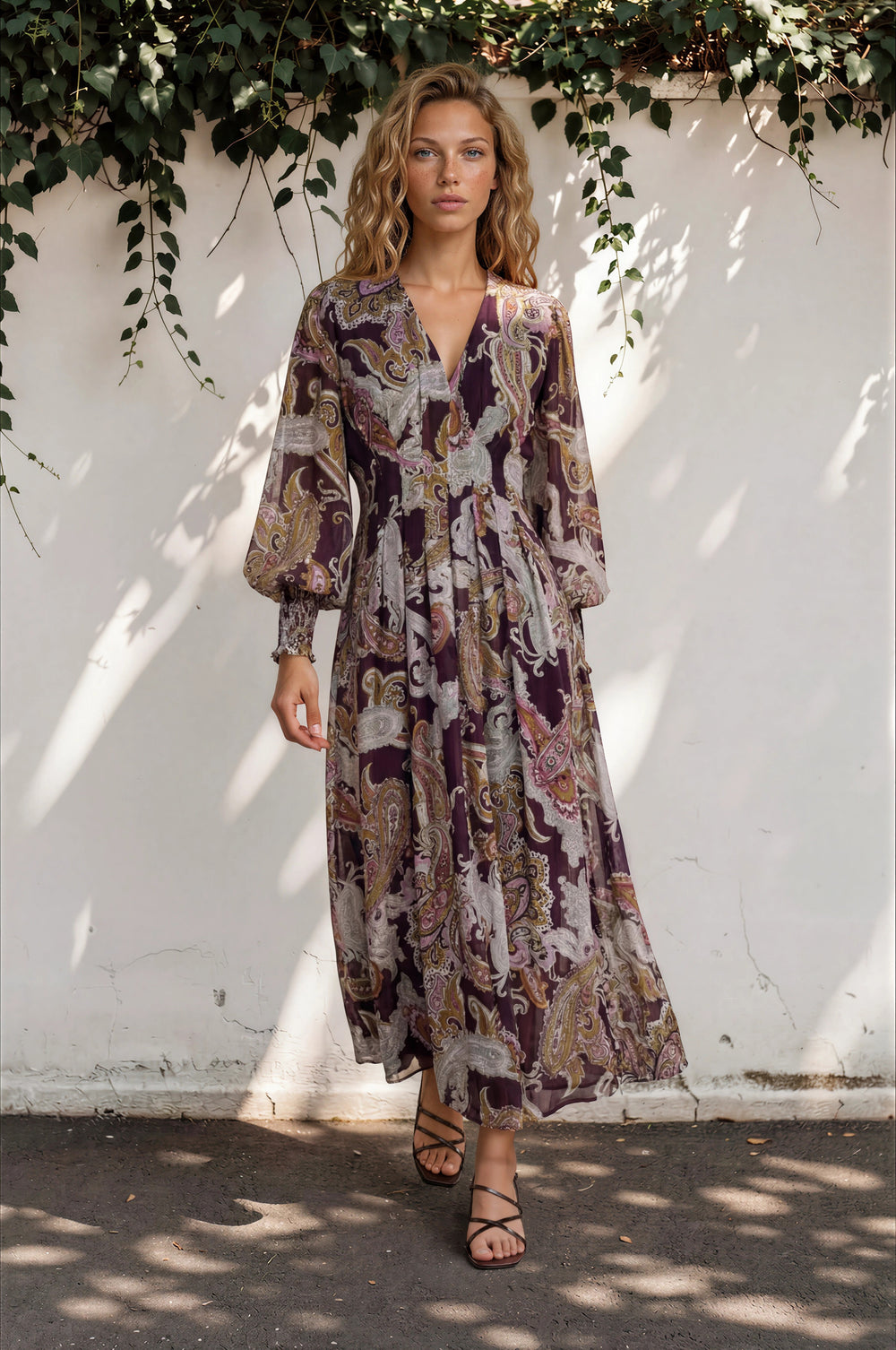 Woman wearing a long, patterned dress standing against a white wall with greenery.