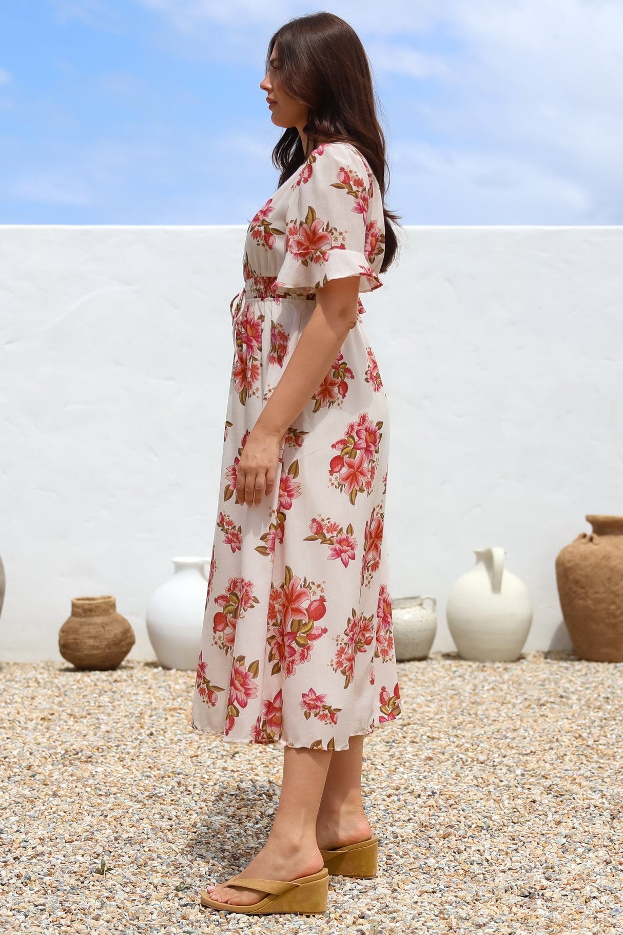 Vinnie Midi Dress - V-Neck Dress with Short Flutter Sleeves in Rosita Print
