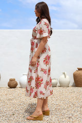 Vinnie Midi Dress - V-Neck Dress with Short Flutter Sleeves in Rosita Print